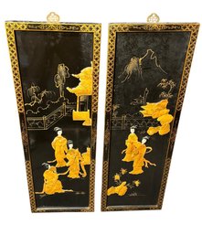 Chinese Black Lacquered Hanging Wall Art Pair