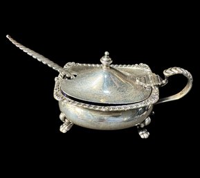 Sterling Silver Claw Foot Salt Cellar & Spoon With Cobalt Blue Glass