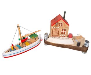 Wooden Folk Art Sailing Ship & Boat Dock (BDR)