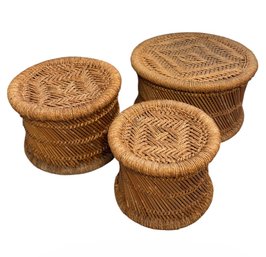 MCM Bamboo Round Woven Nesting Stools 3pc (LR2)