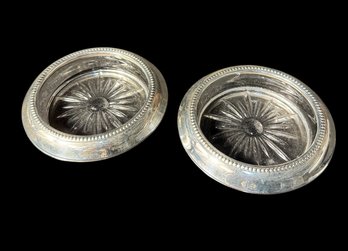 Sterling Silver Rimmed Glass Coaster Pair