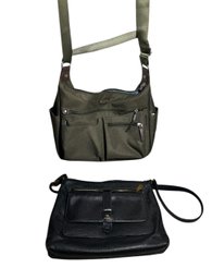 Fossil Black Leather Handbag & Baggallini Army Green Canvas Shoulder Bag (G)