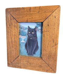 Black Cat Art Print In Rustic Wooden Frame (LR2)