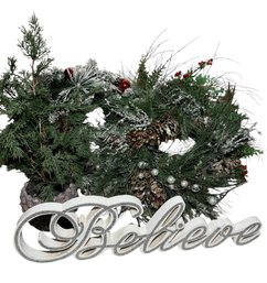 Christmas Wreaths, Faux Potted Plant & Believe Sign (G)