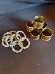 Set Of 7 Silver Metal Bamboo Napkin Rings, Set Of 5 Brass Volorwd Napkin Rings