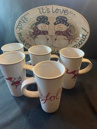Expressly Yours Snowman Platter With 5, Santa Mugs (DR)