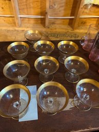 Ten Gold Rimmed Champagne Glasses