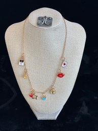 Gold Toned Charm Necklace And Silver Toned 'H' Charm