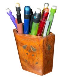 Brass Inlaid Wooden Pen Holder & Pens (DR)