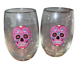Mexican Day Of The Dead Skull Glass Tumbler Pair (DR)