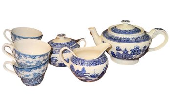Blue Willow Pattern China Teapot, Sugar, Creamer & Four Cups (DR)
