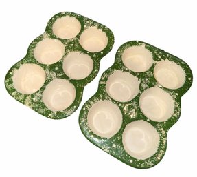 Green Speckled Floral Pottery Muffin Baking Pan Pair (DR)