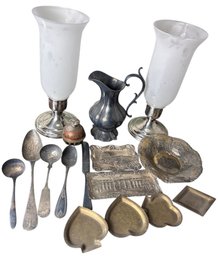Silver Tone Metal Souvenir Trays, Trinket Trays, GE Hurricane Lamps And Assorted Metal Pieces 16pc