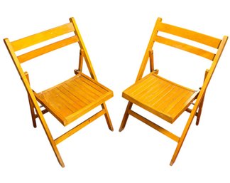 Romanian Wooden Slat Folding Chair Pair (B)