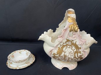 Antique Porcelain Basket & Limoges Finger Bowl
