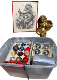 Bin Of Glass Ornaments, Framed Santa Claus Art Print & Assorted Holiday Decor (BS)