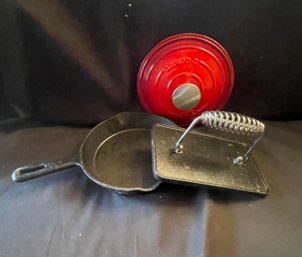 Cast Iron  Skillet, Red Enamel Lid , Smash Burger Press (DR)