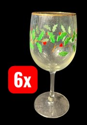 Gilded Rim Holiday Mistletoe 6pc Wine Glass Set