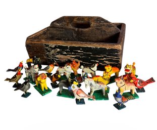 Indian Painted Wooden Animal Figurines & Wooden Carrying Caddy (BS)