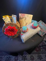 Fabric Assortment With Decorative Sewing Basket And Pin Cushions(RR)