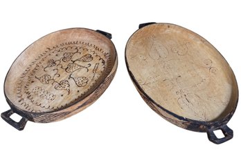 Woodburned Folk Art Carved Wooden Tray Pair (BLR)