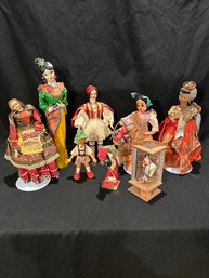 Vintage Geisha Shadow Box, Polish Wooden Boy, And Asian Dolls