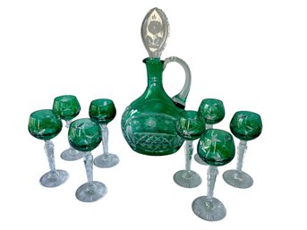 Bohemian Cut To Clear Emerald Green Decanter & 8 Cordials      (SL)