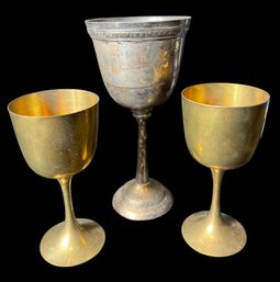 Silver Plated Etched Goblet & Pair Of Indian Brass Goblets