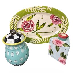 Droll Designs Floral Platter, Vase & Lidded Jar (K)