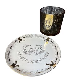 Lefton Gilded 50th Anniversary Plate & Peace Candle Holder