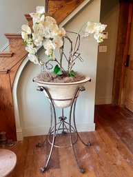 Stone Planter On Wrought Iron W/ Faux Orchid