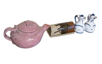 Signed Pottery Tea Pot, Butter Dish, And Cruets (blr)