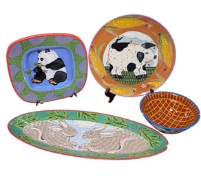 Droll Designs Panda, Pig, Bunny & Floral Pottery Dishes (K)