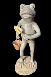 Metal Frog Holding Shovel & Pail Statue