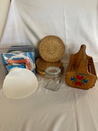 Vintage Carry All Basket, (6) Paper Plate Holders, A Glass Jar, A Blue Plastic Planter, Bag Of Doilies (B)