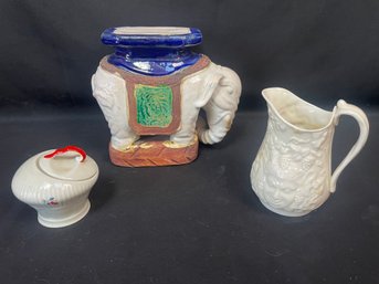Ironstone Elephant, Belleek Pitcher, Czech Jar