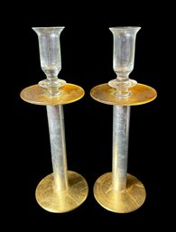 Crate & Barrel Italian Gold Tone Glass Taper Candlestick Holder Pair