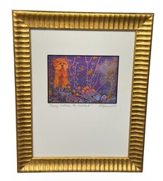Puppy Watches The Fishtank Signed Lithograph In Gold Tone Frame