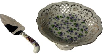 Hand Painted Floral Lefton China Candy Dish And Cake Serving Knife (LR)