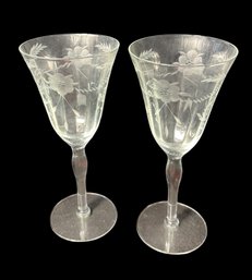 Etched Floral Wine Glass Pair