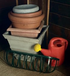 (6) Planter Pots, Watering Can, And Metal Flower Basket (T)