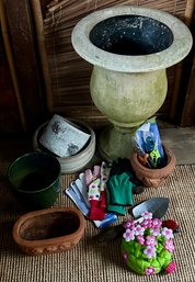 Planter Pots, Gardening Supplies, And A Flower Sprinkler  (T)
