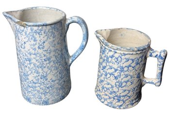 American Blue & White Sponge Stoneware Pottery Pitchers 2pc (LR)