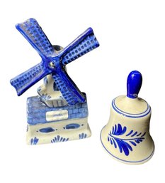 Dutch Blue Delft Windmill & Bell Small Figurines