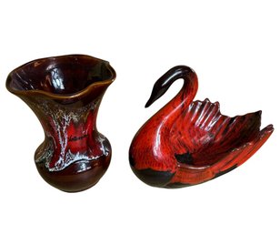 Red & Black Glazed Pottery Vase & Swan (K)