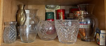 Shelf Full Of Assorted Flower Vases & Tea Tins (K)