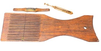Primitive Wooden Textile Tools Tape Loom, Shuttle, And Heddle Tool 3pc (LR)