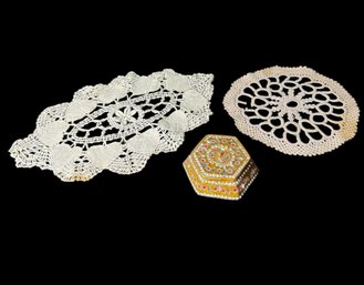 Jeweled Trinket Box & Crocheted Doily Pair