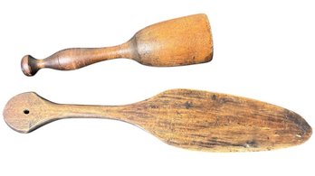 Primitive Hand-carved Wooden Potato Masher & Butter Paddle (LR)