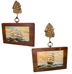 Sailing Ship Art Print Pair On Brass Clipper Ship Hooks (BO)